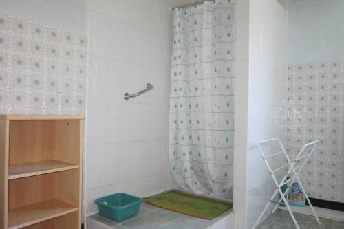 une douche avec un rideau de douche dans une salle de bain dans l'établissement Appartement RDC maison de village, à Savignac-les-Ormeaux