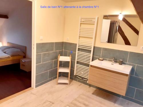 a bathroom with a sink and a mirror at Appartement charmant Orgnac-sur-Vézère avec jardin et parking in Orgnac-sur-Vézère