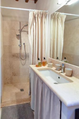 a bathroom with a sink and a shower at Casale Santa Barbara in Montefollonico