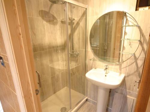 a bathroom with a shower and a sink and a mirror at Bryngower House in Llanrhidian