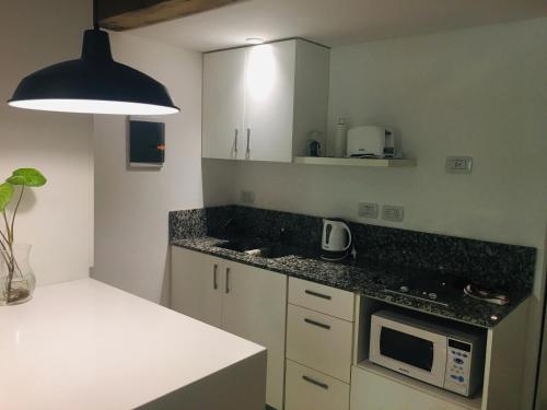 a kitchen with a counter top and a microwave at Studio II in Belén de Escobar