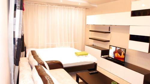モスクワにあるApartment on Korolevaのベッド、ソファ、テレビが備わる客室です。