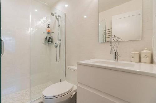 La salle de bains est pourvue d'une douche, de toilettes et d'un lavabo. dans l'établissement Bougainvillea DC 2 bedrooms 2 bathrooms plus den with twin sofa bed and queen sofa bed in living room, à Washington