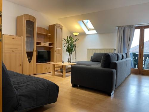 uma sala de estar com um sofá e uma televisão em Ferienwohnungen Hecker em Bad Gögging