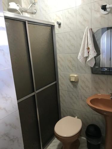 ein Bad mit einer Dusche, einem WC und einem Waschbecken in der Unterkunft Apartamento foz centro 03 in Foz do Iguaçu