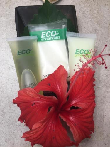 a red flower next to two eco skincare products at Driftwood Gardens Guesthouse in Placencia Village