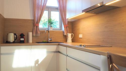 uma cozinha com armários brancos, um lavatório e uma janela em Apartmány Na Potoku em Slavonice