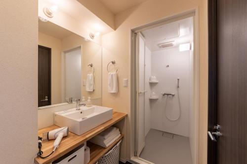 a bathroom with a sink and a mirror and a shower at Home Sweet Office Kamata in Tokyo