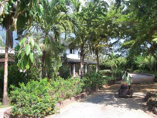 a person riding an elephant down a road in front of a house at Pinewood Beach Resort and Spa in Diani Beach