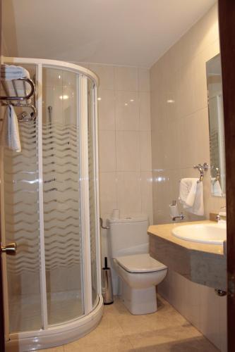 a bathroom with a shower and a toilet and a sink at Hotel Peñagrande in Cangas del Narcea