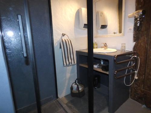 W łazience znajduje się umywalka i lustro. w obiekcie Domaine de Givré w mieście Chinon
