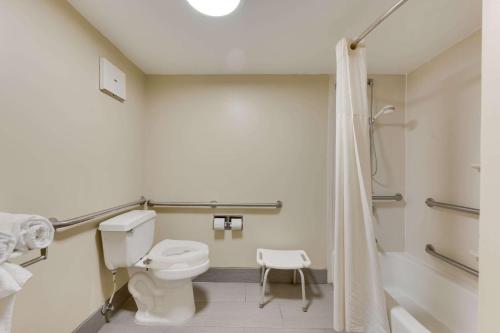 Un baño blanco con inodoro y ducha. en Quality Inn Airport - Southeast, en Birmingham
