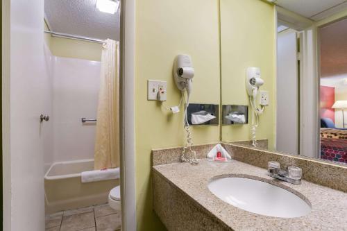 a bathroom with a sink and a toilet and a mirror at Econo Lodge Frederick I-70 in Frederick