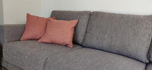 a gray couch with two pink pillows on it at Lianko - Vakantiewoning in Bekkevoort