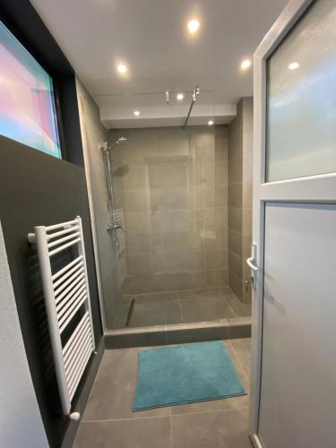 a bathroom with a shower with a glass door at Hermann Apartments in Sibiu