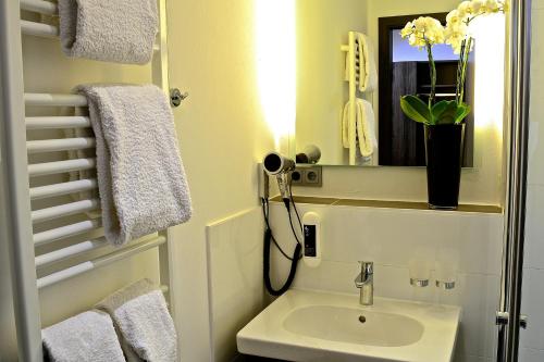 a bathroom with a sink and a mirror at Hotel Restaurant Telgter Hof in Telgte