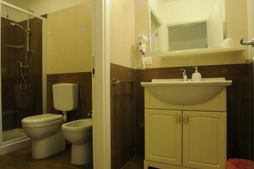 a bathroom with a toilet and a sink and a mirror at Agriturismo Monte Del Re in San Pietro al Natisone