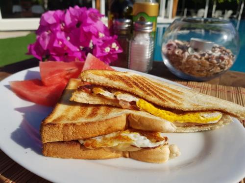 a sandwich cut in half on a white plate at Seis Playas Hotel in Tamarindo