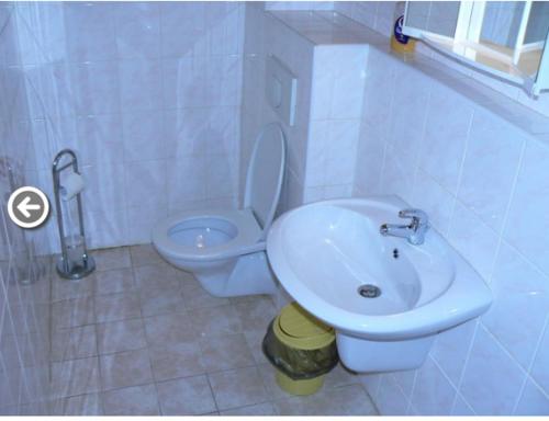 a bathroom with a toilet and a sink at Restaurace a pension První Mlýn Chomutov in Chomutov