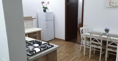 a kitchen with a stove and a white refrigerator at Madalina in Braşov
