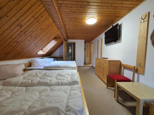a bedroom with two beds and a table and a tv at Chalupa Krkonoše in Cerny Dul