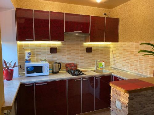 a kitchen with brown cabinets and a microwave at New apartments with panoramic views on Avenue Nauky in Kharkiv