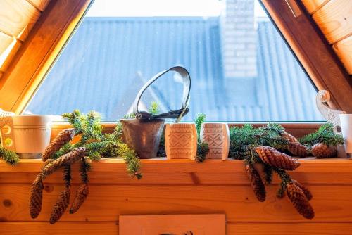 a window sill with pine cones and plants on it at Domki Widokowe Wooden Luxury Chalet with Private Jacuzzi in Ząb