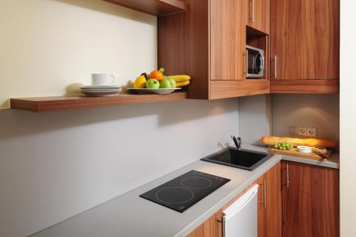 eine Küche mit einem Waschbecken und einer Schale Obst in der Unterkunft GuestHouse Mainz in Mainz