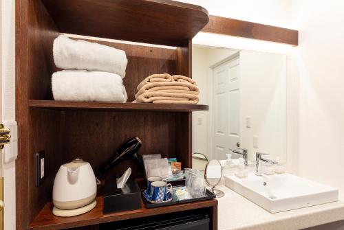 a bathroom with a sink and a shelf with towels at Karuizawa Hotel Longing House in Karuizawa