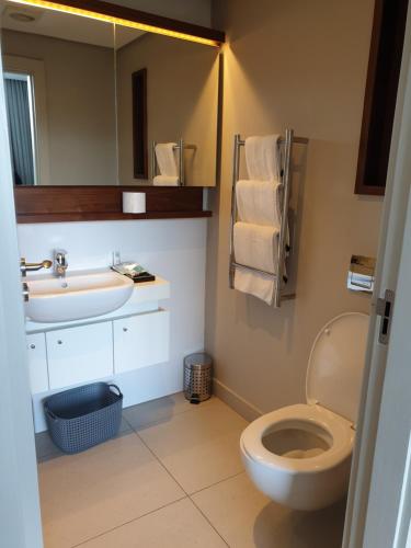 a bathroom with a toilet and a sink and a mirror at 203 zimbali suites in Ballito