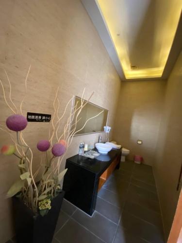 a bathroom with a sink and a mirror at 亞曼尼汽車旅館-頭份館 in Toufen