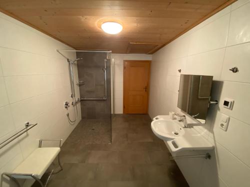 y baño con lavabo y ducha. en Haus Luxgütl, en Saalfelden am Steinernen Meer