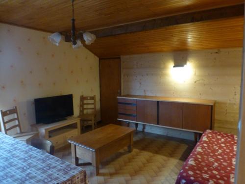 a living room with a tv and a couch and a table at Le Fayet d'en haut in Abondance