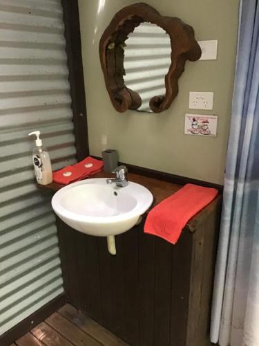 a bathroom with a sink and a mirror at Rainforest Hideaway in Cape Tribulation