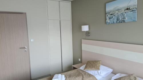 une chambre d'hôtel avec un lit et un miroir dans l'établissement Apartament Czarna Góra Is1, à Sienna