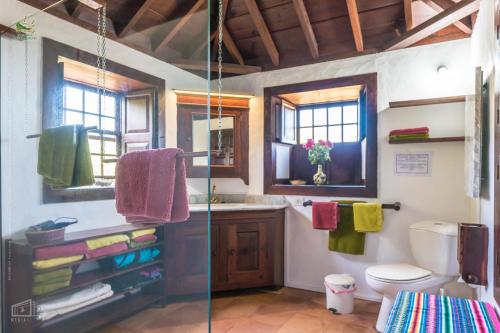 baño con lavabo, aseo y ventanas en Casa Palmera, en Puntagorda