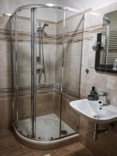 a bathroom with a shower and a sink at Dj-penzion in Vracov