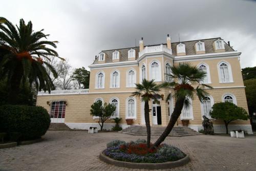 a large building with palm trees in front of it at Rooms & Apartments Anka in Bar