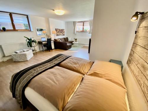 ein Schlafzimmer mit einem großen Bett in einem Zimmer in der Unterkunft Apartment Regener in Lörrach