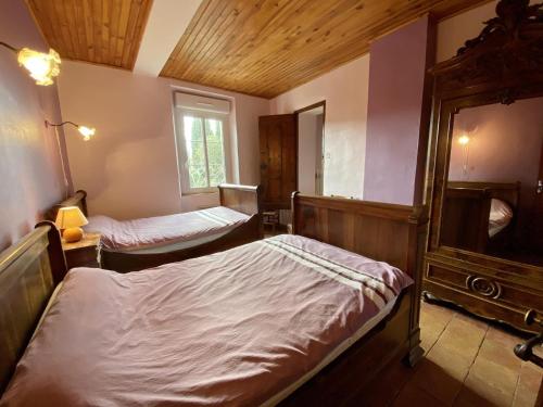 a bedroom with two beds and a mirror at Château Villemagne in Lagrasse