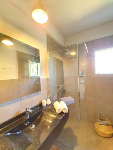 a bathroom with a sink and a shower at Villa Albatross in Sivota