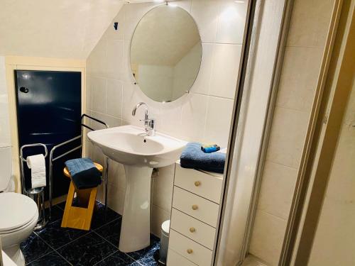 a bathroom with a sink and a mirror at Gîte Loirizon vue Loire 4 personnes in Ingrandes