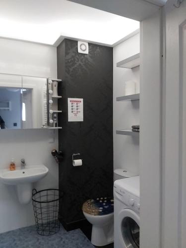 Apartament "DESTINATION" przy AQUAPARKu في ريدا: حمام مع مغسلة وغسالة ملابس