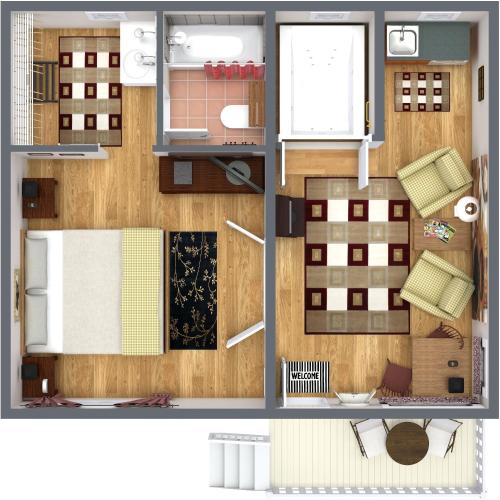 a floor plan of a kitchen and a living room at Country Inn at Camden Rockport in Rockport