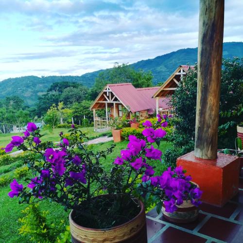 a house with purple flowers in a yard at San Agustín Wayrana in San Agustín