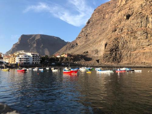 a group of boats in the water next to a mountain at Holiday in Playa Calera - Swimming pool in Valle Gran Rey