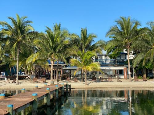 a beach with palm trees and a pier at Maya Beach Hotel in Maya Beach