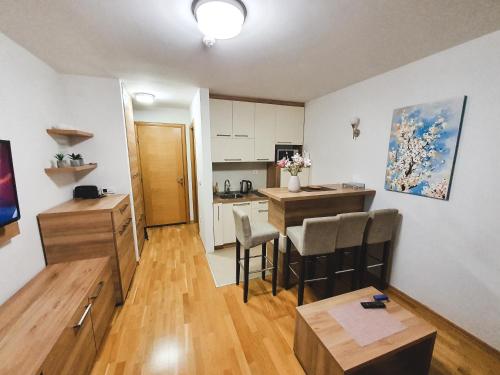 亞霍里納的住宿－Apartment U 154 - Aparthotel Vučko，厨房以及带桌椅的起居室。