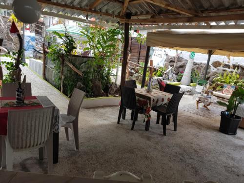 a dining room with a table and chairs and plants at Hostal Cann's House in Puerto Baquerizo Moreno