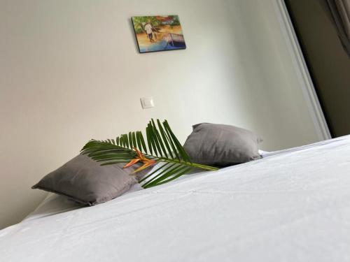 a white bed with two pillows and a plant on it at Résidence VWAL O VAN 2, studio plage à proximité in Sainte-Anne